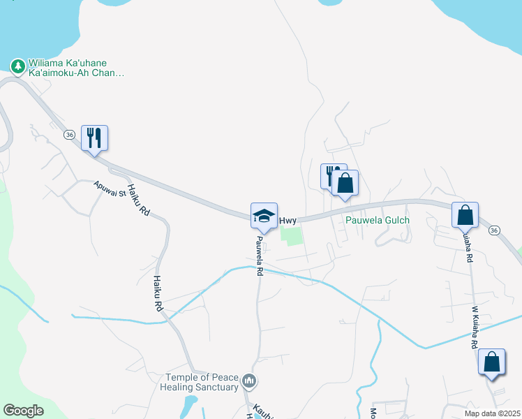 map of restaurants, bars, coffee shops, grocery stores, and more near Hana Highway in Maui County