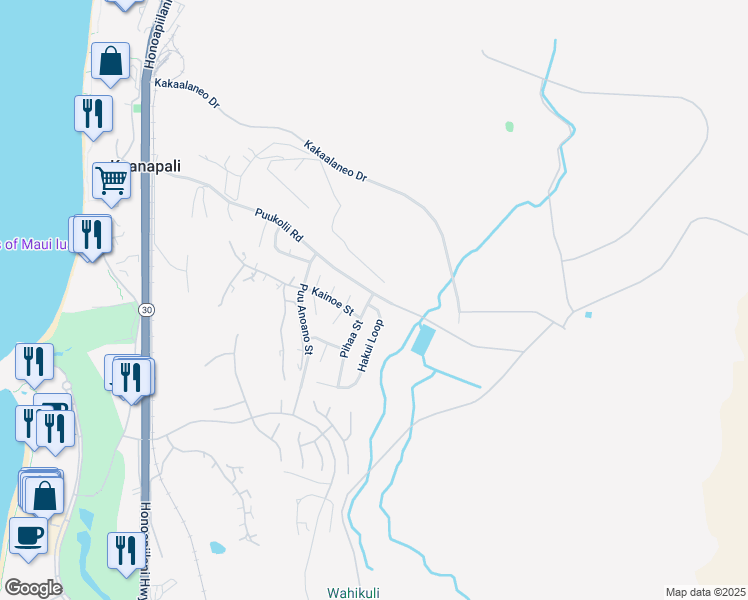 map of restaurants, bars, coffee shops, grocery stores, and more near 21 Hakui Loop in Lahaina