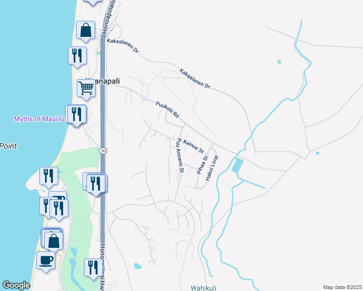 map of restaurants, bars, coffee shops, grocery stores, and more near 66 South Iwa Place in Lahaina
