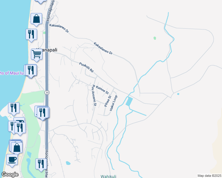 map of restaurants, bars, coffee shops, grocery stores, and more near 18 Pihaa Street in Lahaina