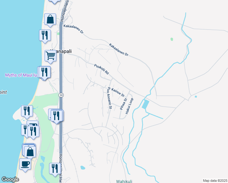 map of restaurants, bars, coffee shops, grocery stores, and more near 304 Kainoe Street in Lahaina