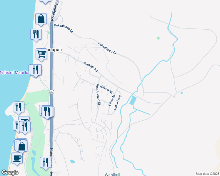 map of restaurants, bars, coffee shops, grocery stores, and more near 32 North Piki Place in Lahaina