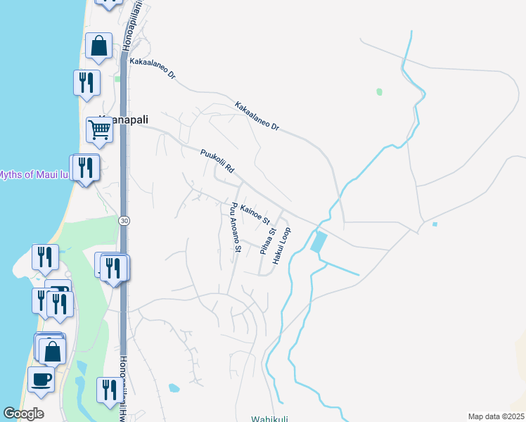 map of restaurants, bars, coffee shops, grocery stores, and more near 32 North Piki Place in Lahaina