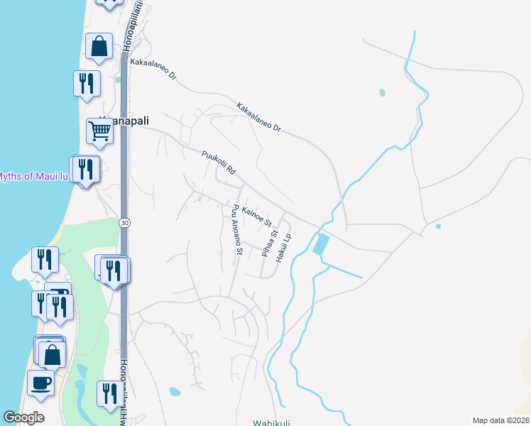 map of restaurants, bars, coffee shops, grocery stores, and more near 32 North Piki Place in Lahaina
