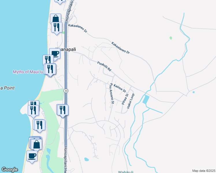 map of restaurants, bars, coffee shops, grocery stores, and more near 50 Puu Anoano Street in Lahaina
