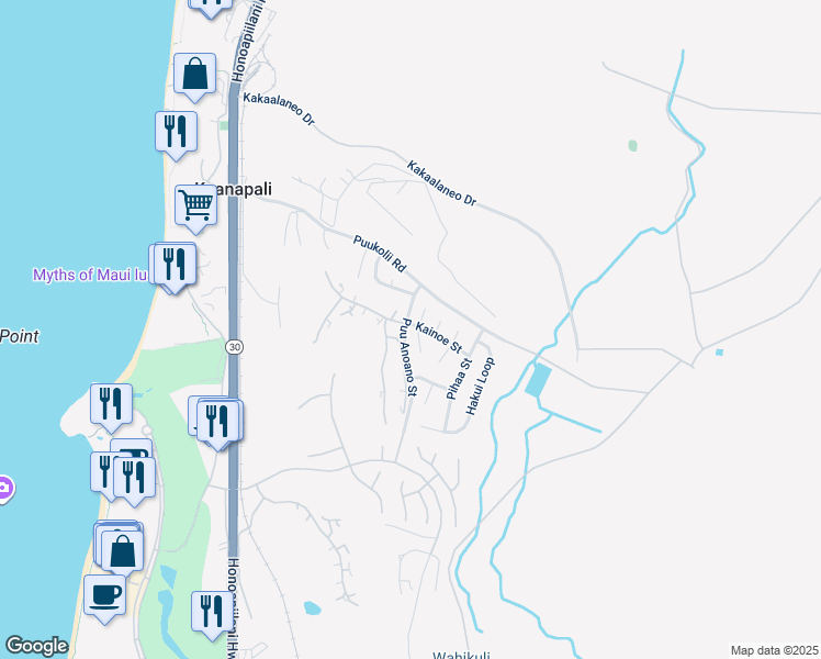 map of restaurants, bars, coffee shops, grocery stores, and more near 45 North Iwa Place in Lahaina