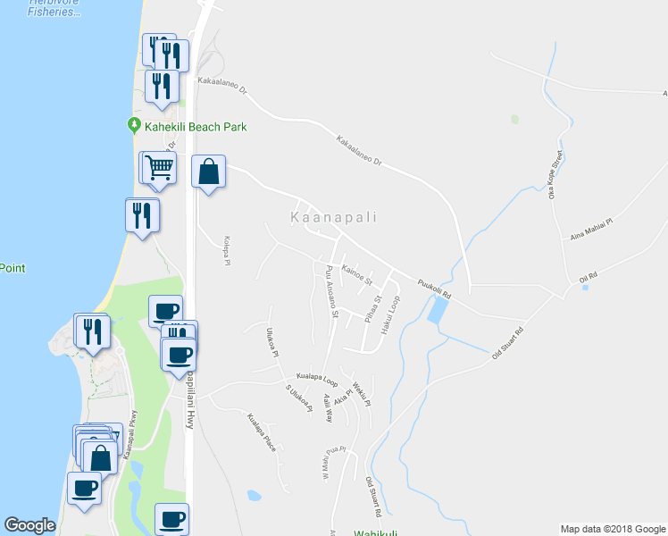 map of restaurants, bars, coffee shops, grocery stores, and more near 56 South Iwa Place in Lahaina