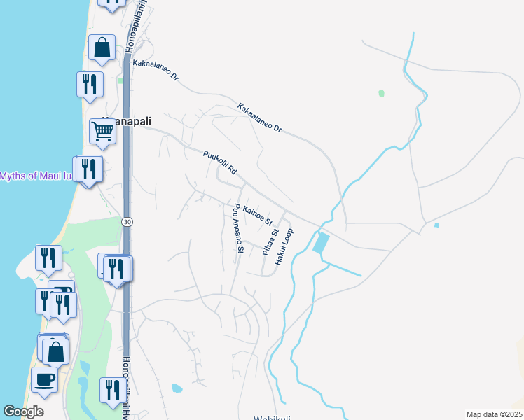 map of restaurants, bars, coffee shops, grocery stores, and more near 41 Kui Place in Lahaina