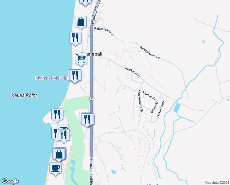 map of restaurants, bars, coffee shops, grocery stores, and more near 50 Puu Anoano Street in Lahaina