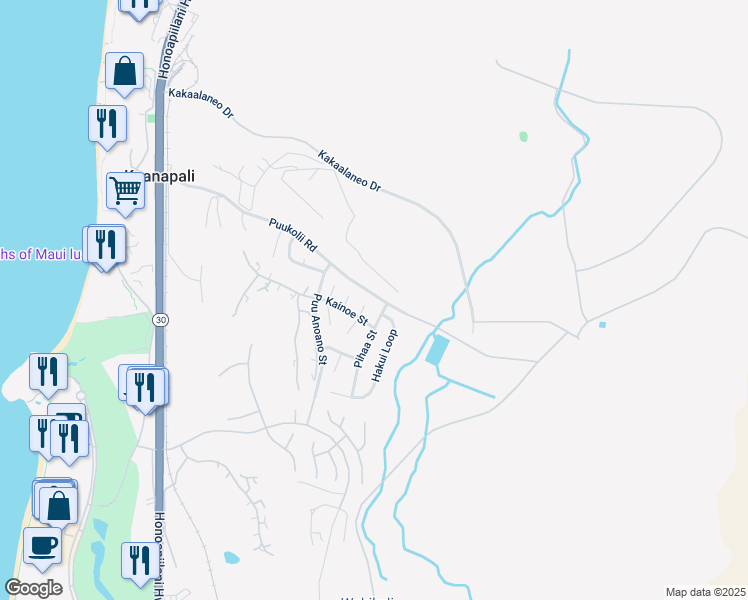 map of restaurants, bars, coffee shops, grocery stores, and more near 13 North Piki Place in Lahaina