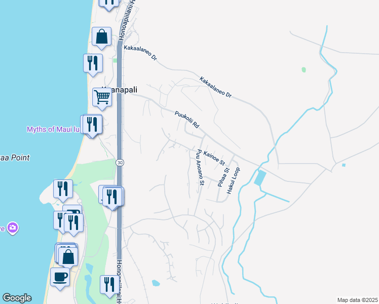 map of restaurants, bars, coffee shops, grocery stores, and more near 50 Puu Anoano Street in Lahaina