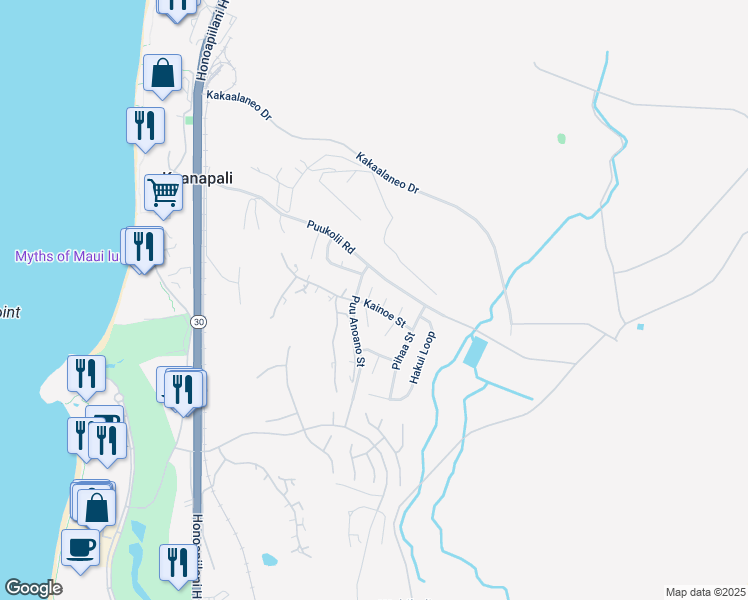 map of restaurants, bars, coffee shops, grocery stores, and more near 45 North Iwa Place in Lahaina