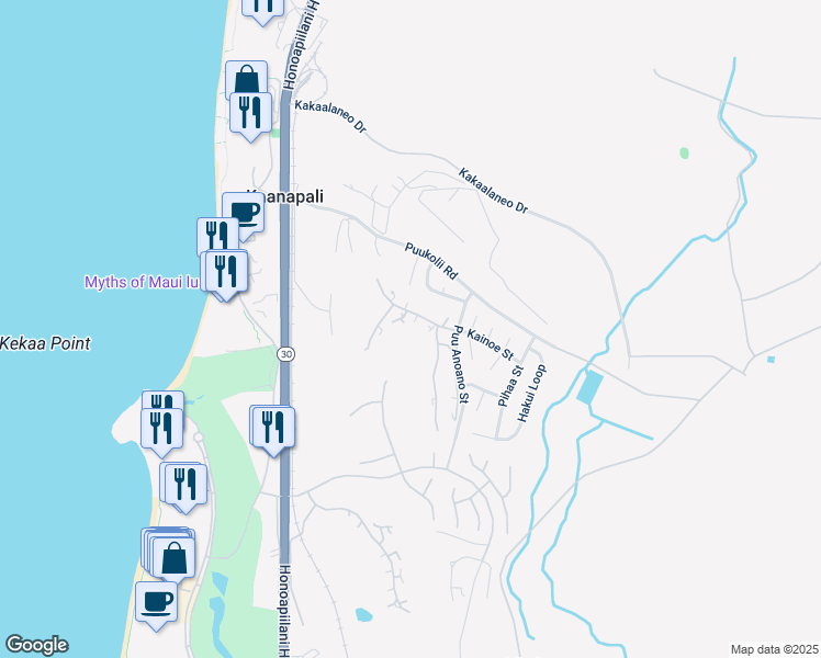 map of restaurants, bars, coffee shops, grocery stores, and more near 50 Puu Anoano Street in Lahaina