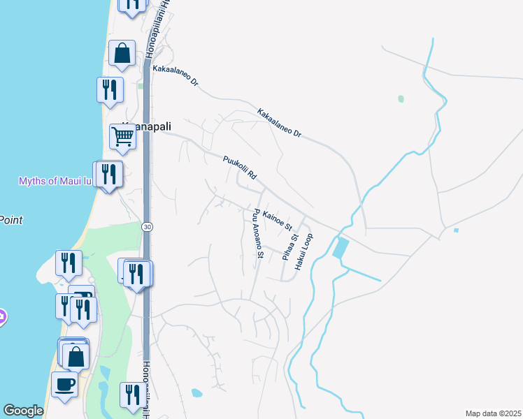 map of restaurants, bars, coffee shops, grocery stores, and more near 46 North Iwa Place in Lahaina