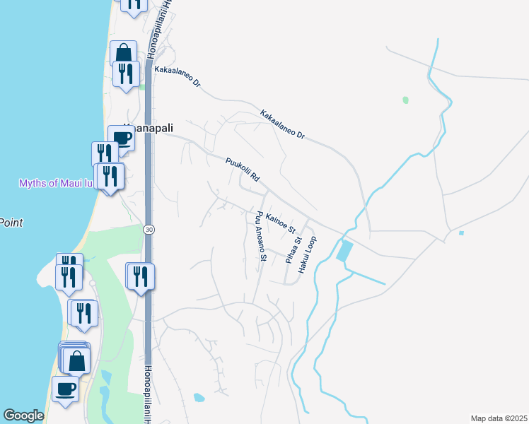 map of restaurants, bars, coffee shops, grocery stores, and more near North Iwa Place in Kaanapali
