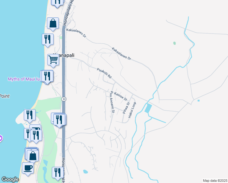 map of restaurants, bars, coffee shops, grocery stores, and more near 46 North Iwa Place in Lahaina