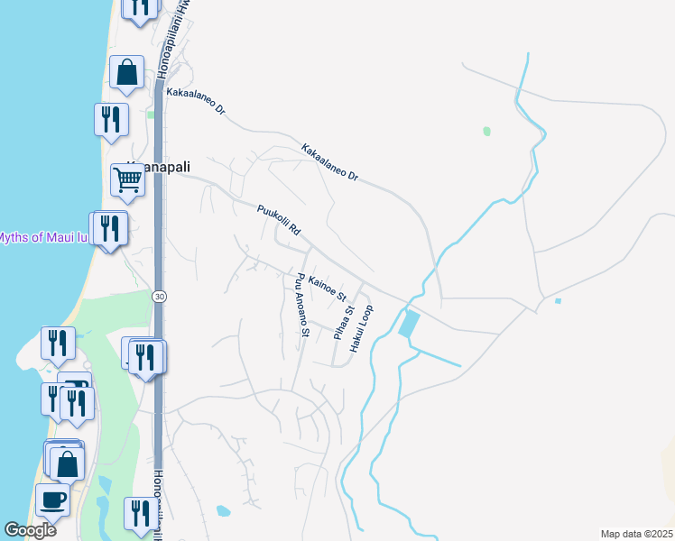 map of restaurants, bars, coffee shops, grocery stores, and more near 21 Kui Place in Lahaina