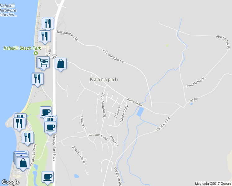 map of restaurants, bars, coffee shops, grocery stores, and more near 21 Kui Place in Lahaina