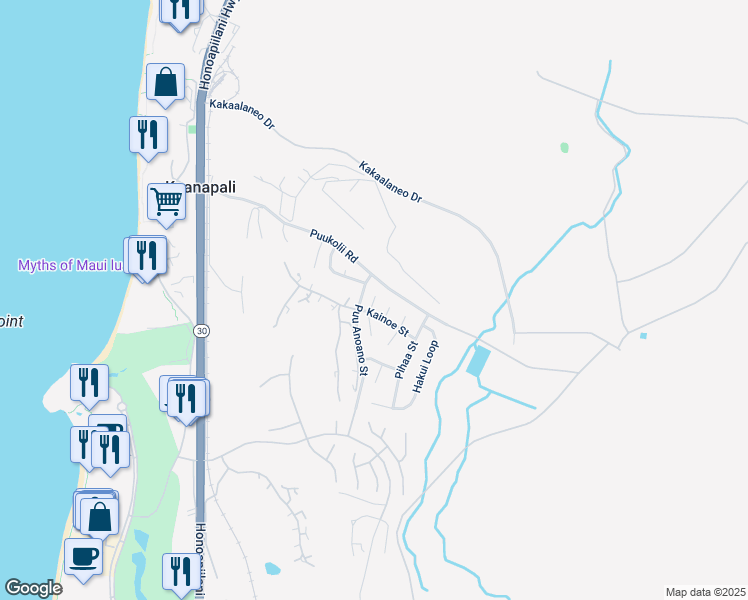 map of restaurants, bars, coffee shops, grocery stores, and more near North Iwa Place in Kaanapali