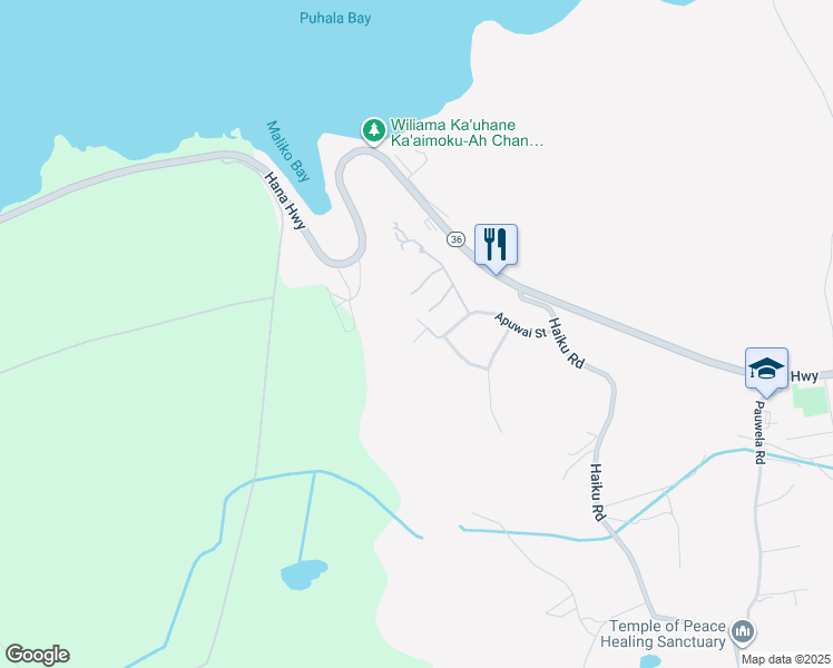 map of restaurants, bars, coffee shops, grocery stores, and more near 174 Apuwai Street in Haiku-Pauwela