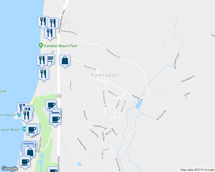 map of restaurants, bars, coffee shops, grocery stores, and more near 30 North Iwa Place in Lahaina