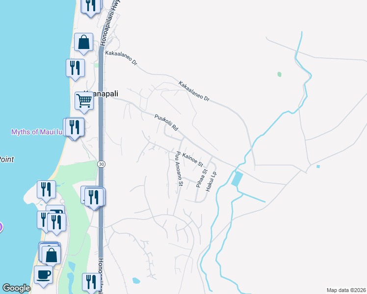 map of restaurants, bars, coffee shops, grocery stores, and more near 30 North Iwa Place in Lahaina