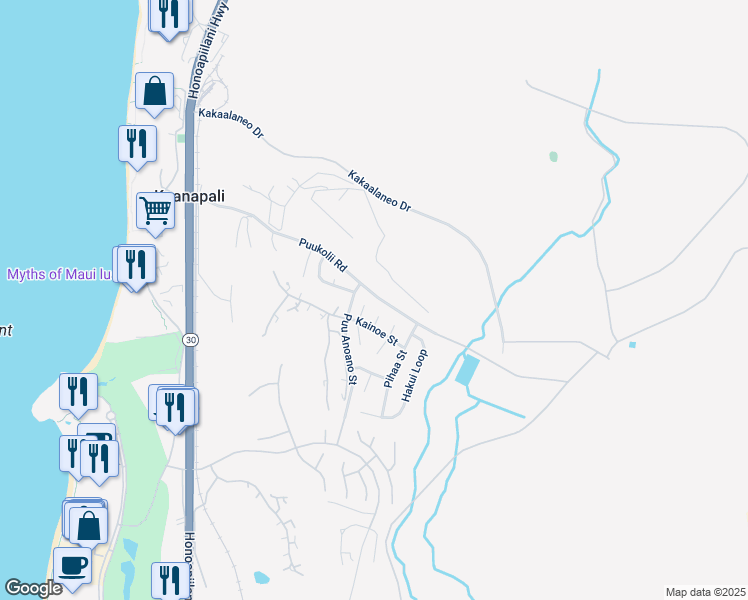 map of restaurants, bars, coffee shops, grocery stores, and more near 19 North Iwa Place in Lahaina