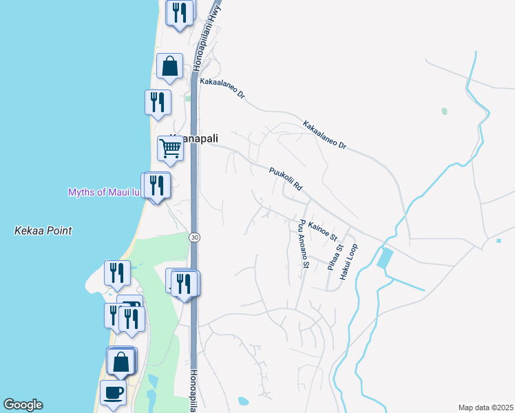 map of restaurants, bars, coffee shops, grocery stores, and more near 50 Puu Anoano Street in Lahaina