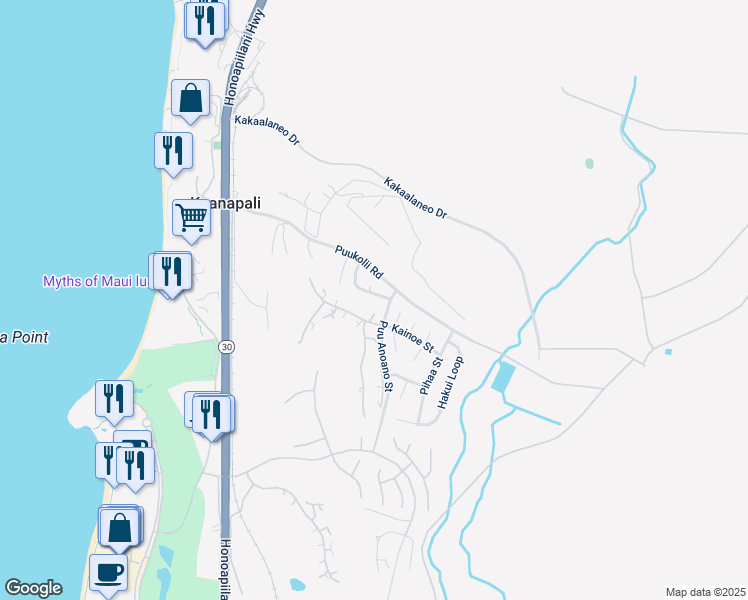map of restaurants, bars, coffee shops, grocery stores, and more near 80 Puu Hale Street in Lahaina