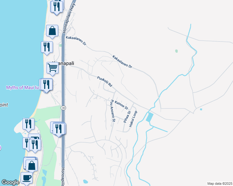 map of restaurants, bars, coffee shops, grocery stores, and more near 10 North Iwa Place in Lahaina