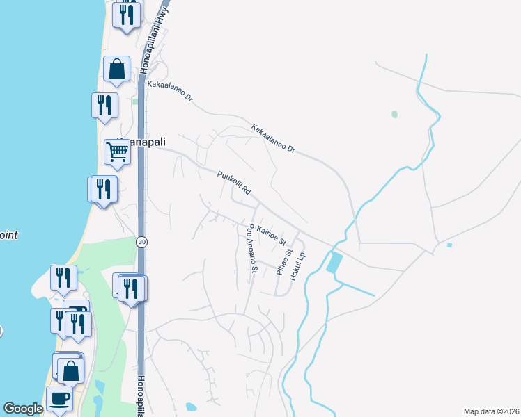 map of restaurants, bars, coffee shops, grocery stores, and more near 10 North Iwa Place in Lahaina
