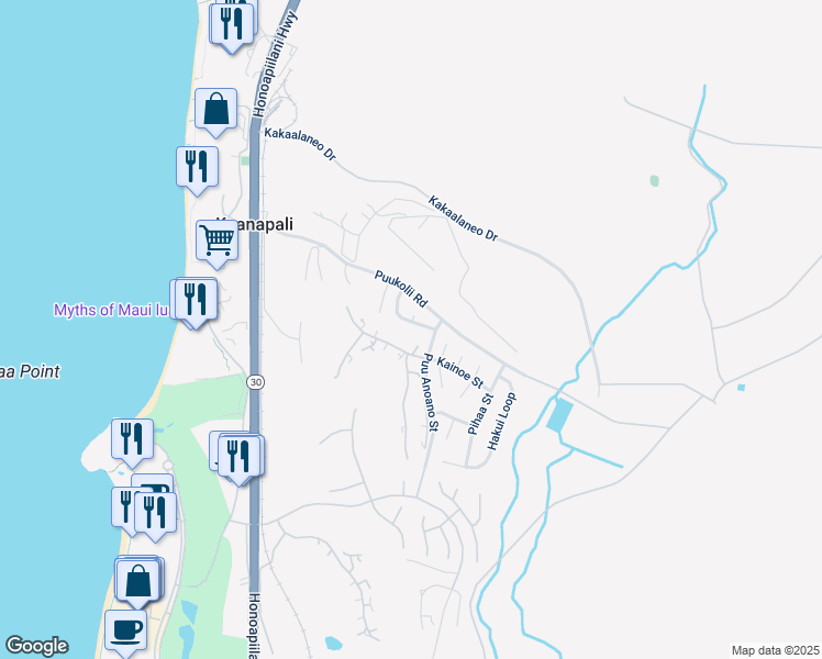 map of restaurants, bars, coffee shops, grocery stores, and more near 72 Puu Hale Street in Lahaina
