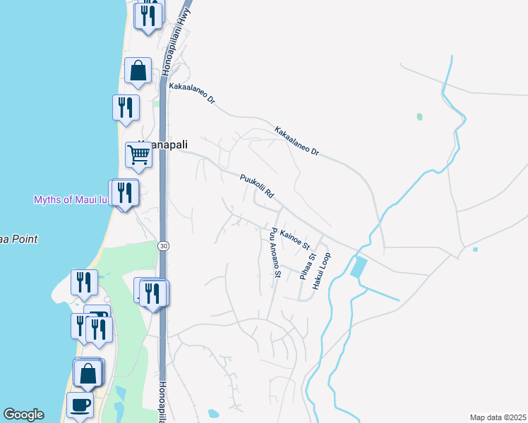 map of restaurants, bars, coffee shops, grocery stores, and more near 72 Puu Hale Street in Lahaina
