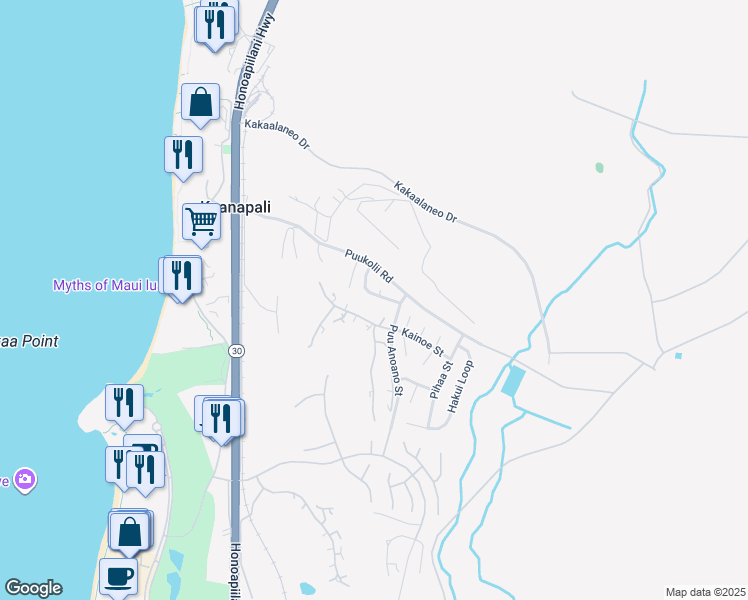 map of restaurants, bars, coffee shops, grocery stores, and more near 66 Puu Hale Street in Lahaina