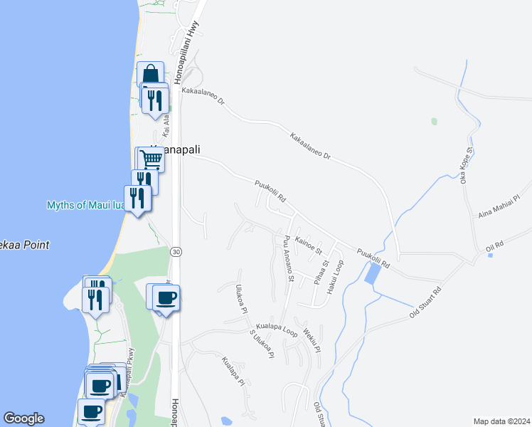 map of restaurants, bars, coffee shops, grocery stores, and more near 50 Puu Hale Street in Lahaina