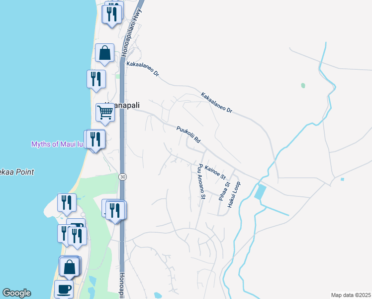 map of restaurants, bars, coffee shops, grocery stores, and more near 50 Puu Hale Street in Lahaina