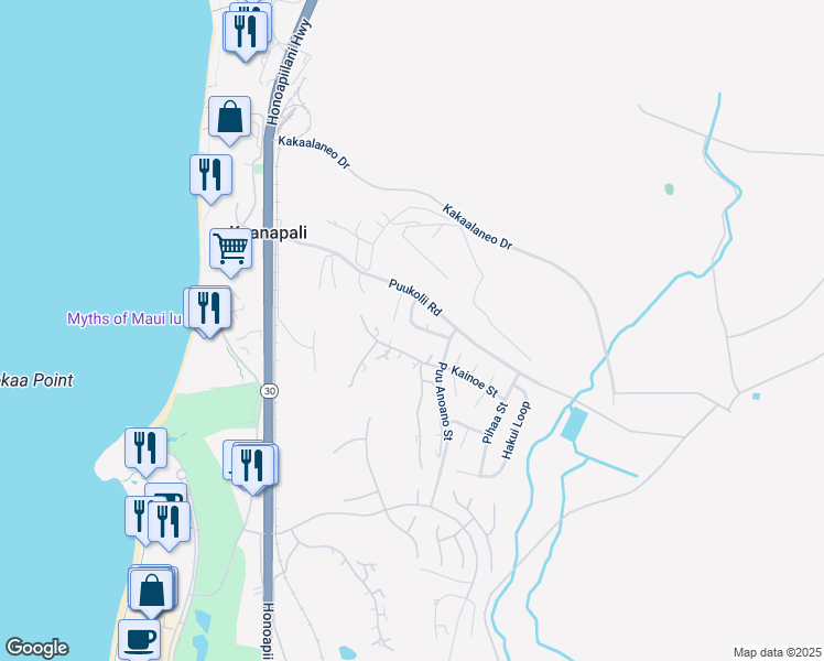 map of restaurants, bars, coffee shops, grocery stores, and more near 50 Puu Hale Street in Lahaina
