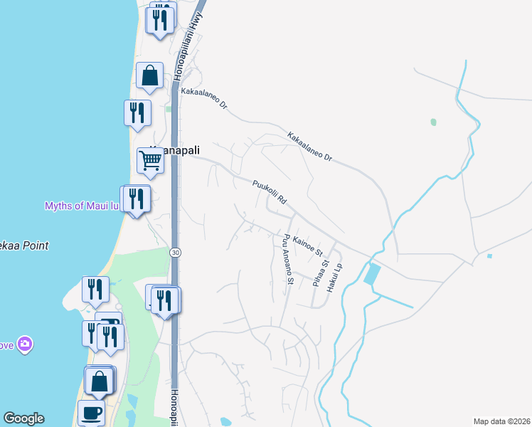 map of restaurants, bars, coffee shops, grocery stores, and more near 50 Puu Hale Street in Lahaina