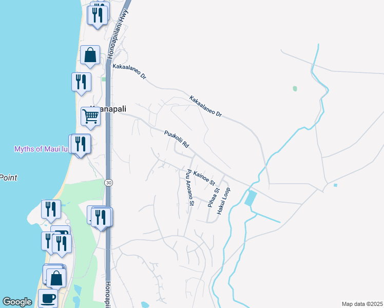 map of restaurants, bars, coffee shops, grocery stores, and more near 95 Puu Hale Street in Lahaina
