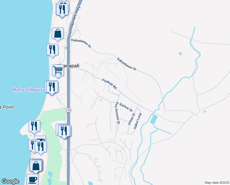 map of restaurants, bars, coffee shops, grocery stores, and more near 81 Puu Hale Street in Lahaina