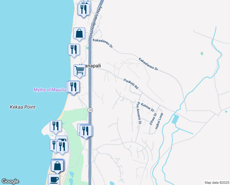 map of restaurants, bars, coffee shops, grocery stores, and more near 50 Puu Anoano Street in Lahaina