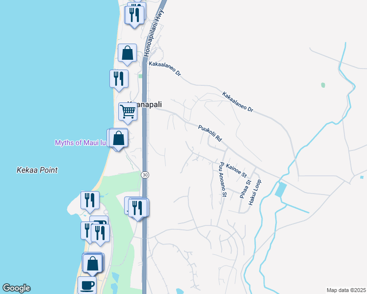 map of restaurants, bars, coffee shops, grocery stores, and more near 50 Puu Anoano Street in Lahaina