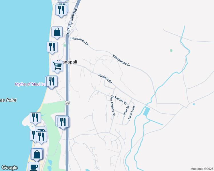 map of restaurants, bars, coffee shops, grocery stores, and more near 61 Puu Hale Street in Lahaina