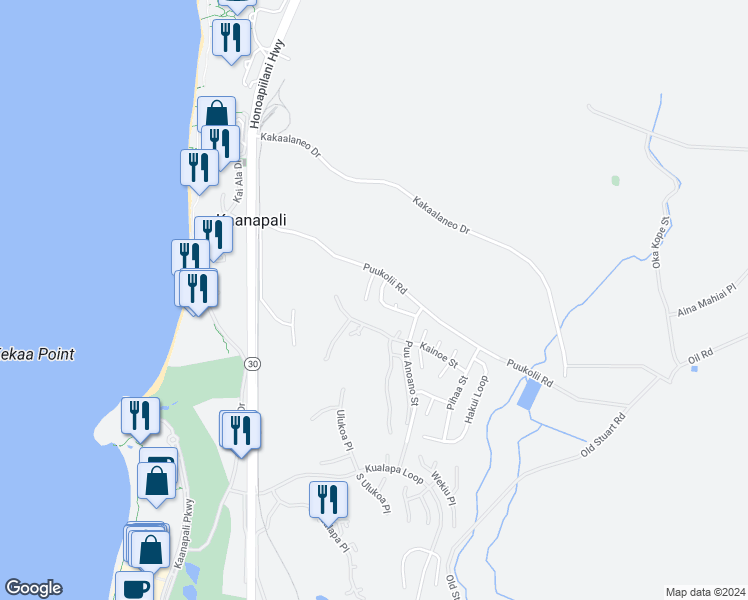 map of restaurants, bars, coffee shops, grocery stores, and more near 36 Puu Hale Street in Lahaina