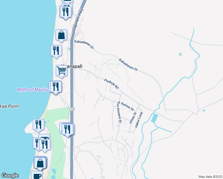 map of restaurants, bars, coffee shops, grocery stores, and more near 35 Puu Hale Street in Lahaina