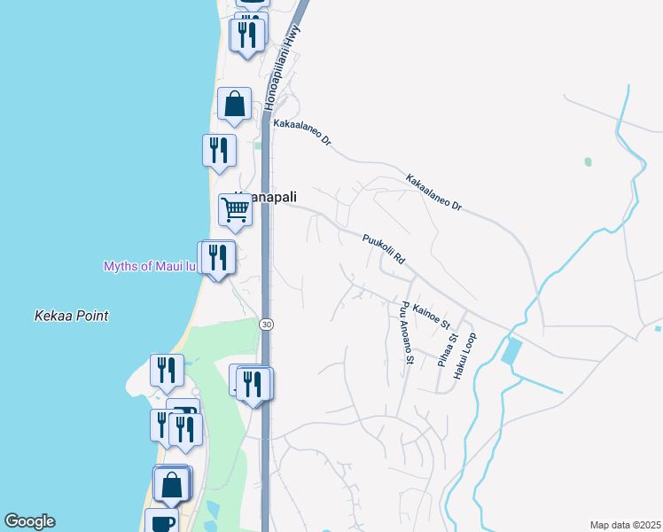 map of restaurants, bars, coffee shops, grocery stores, and more near 50 Puu Anoano Street in Lahaina