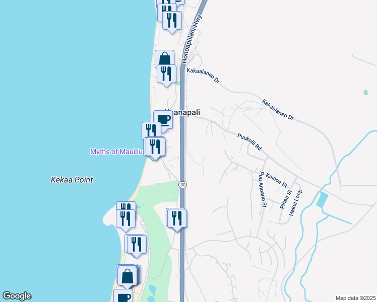 map of restaurants, bars, coffee shops, grocery stores, and more near 2750 Kalapu Drive in Lahaina