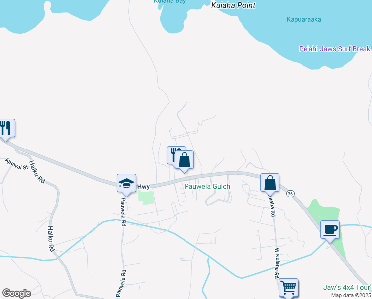 map of restaurants, bars, coffee shops, grocery stores, and more near 95 Kahiapo Place in Haiku-Pauwela
