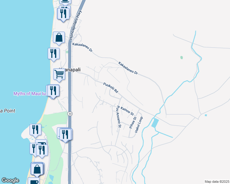 map of restaurants, bars, coffee shops, grocery stores, and more near 21 Puu Huna Place in Lahaina