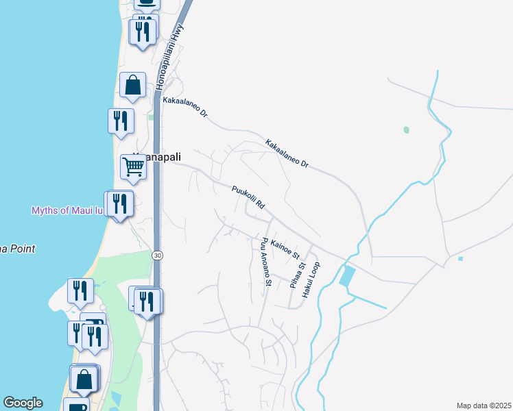 map of restaurants, bars, coffee shops, grocery stores, and more near 21 Puu Huna Place in Lahaina